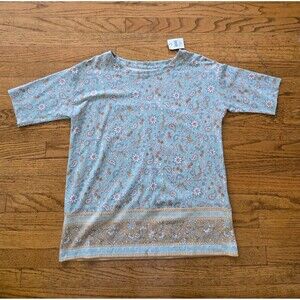 J. Jill Womens XS Oversized Luxe Supima Elbow Sleeve Tee Green Floral